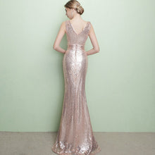 Load image into Gallery viewer, Elegant Mermaid V Neck Sequined Floor Length Evening Dresses Navy Blue