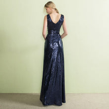 Load image into Gallery viewer, Elegant Mermaid V Neck Sequined Floor Length Evening Dresses Navy Blue