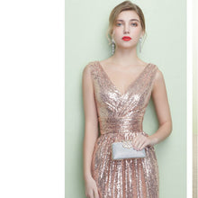 Load image into Gallery viewer, Elegant Mermaid V Neck Sequined Floor Length Evening Dresses Navy Blue