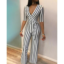 Load image into Gallery viewer, Elegant Striped Sexy Rompers Womens Deep V Neck Jumpsuit Half Sleeve - Sophornlilly