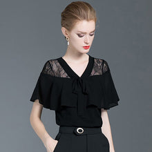 Load image into Gallery viewer, Elegant V-neck Butterfly Sleeve Lace Spliced Chiffon Blouse Loose