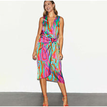 Load image into Gallery viewer, Elegant V Neck Lace Up Printed Dress Women Lantern Sleeve Split Hip