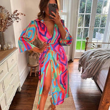 Load image into Gallery viewer, Elegant V Neck Lace Up Printed Dress Women Lantern Sleeve Split Hip