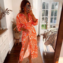 Load image into Gallery viewer, Elegant V Neck Lace Up Printed Dress Women Lantern Sleeve Split Hip