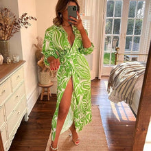 Load image into Gallery viewer, Elegant V Neck Lace Up Printed Dress Women Lantern Sleeve Split Hip