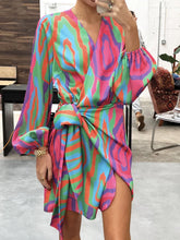 Load image into Gallery viewer, Elegant V Neck Lace Up Printed Dress Women Lantern Sleeve Split Hip