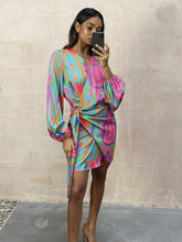 Load image into Gallery viewer, Elegant V Neck Lace Up Printed Dress Women Lantern Sleeve Split Hip