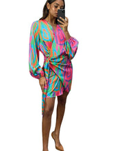 Load image into Gallery viewer, Elegant V Neck Lace Up Printed Dress Women Lantern Sleeve Split Hip