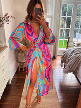 Load image into Gallery viewer, Elegant V Neck Lace Up Printed Dress Women Lantern Sleeve Split Hip