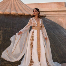 Load image into Gallery viewer, Elegant White Moroccan Kaftan With Gold Appliques Long Sleeves With