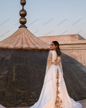 Load image into Gallery viewer, Elegant White Moroccan Kaftan With Gold Appliques Long Sleeves With