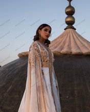 Load image into Gallery viewer, Elegant White Moroccan Kaftan With Gold Appliques Long Sleeves With