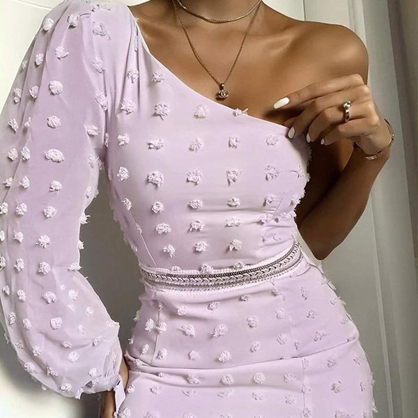 Elegant Women One Shoulder Bodycon Dress Female High Waist Puff Sleeve - Sophornlilly