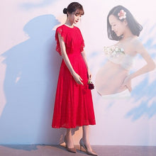 Load image into Gallery viewer, Evening Dress Ruffles Short Sleeves O Neck Simple Tea Length A Line