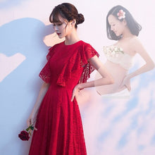 Load image into Gallery viewer, Evening Dress Ruffles Short Sleeves O Neck Simple Tea Length A Line