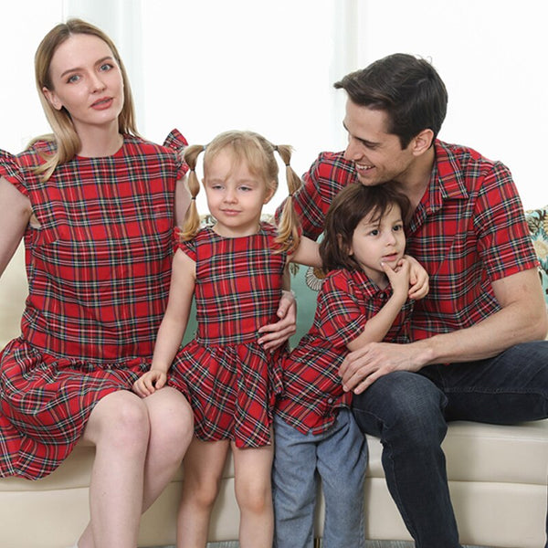 Family Matching Clothes Fashion Sleeveless Red Plaid Dresses Family