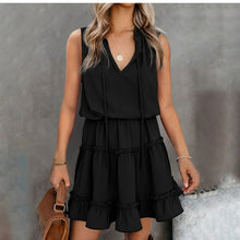 Load image into Gallery viewer, Fashion Boho Dress Casual Black V neck Sleeveless Ruffles