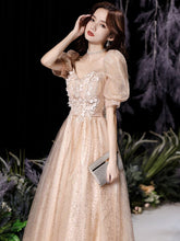Load image into Gallery viewer, Fashion Champagne Appliques Sweetheart Collar Puff Sleeve Evening