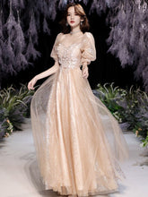 Load image into Gallery viewer, Fashion Champagne Appliques Sweetheart Collar Puff Sleeve Evening