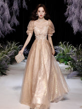 Load image into Gallery viewer, Fashion Champagne Appliques Sweetheart Collar Puff Sleeve Evening