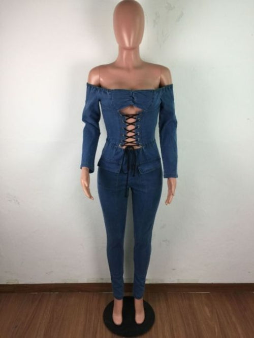Fashion Denim Jumpsuit Women Sexy Off Shoulder Bodycon Rompers Long - Sophornlilly