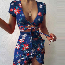 Load image into Gallery viewer, Fashion Floral Print Mini Dress Women Tie Up Wrap Summer Ruffles - Sophornlilly