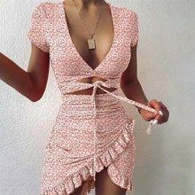 Load image into Gallery viewer, Fashion Floral Print Mini Dress Women Tie Up Wrap Summer Ruffles - Sophornlilly