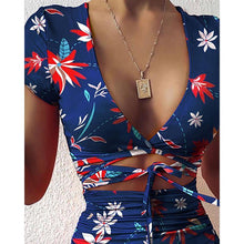 Load image into Gallery viewer, Fashion Floral Print Mini Dress Women Tie Up Wrap Summer Ruffles - Sophornlilly