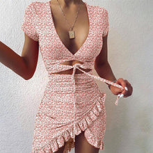 Load image into Gallery viewer, Fashion Floral Print Mini Dress Women Tie Up Wrap Summer Ruffles - Sophornlilly