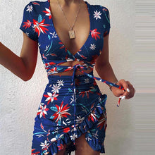 Load image into Gallery viewer, Fashion Floral Print Mini Dress Women Tie Up Wrap Summer Ruffles - Sophornlilly