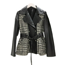 Load image into Gallery viewer, Fashion Genuine Leather Motorcycle Jacket Women Patchwork Tweed Short