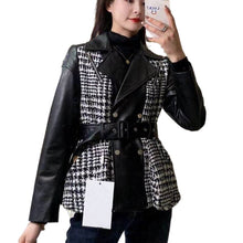 Load image into Gallery viewer, Fashion Genuine Leather Motorcycle Jacket Women Patchwork Tweed Short