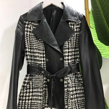 Load image into Gallery viewer, Fashion Genuine Leather Motorcycle Jacket Women Patchwork Tweed Short