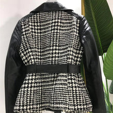 Load image into Gallery viewer, Fashion Genuine Leather Motorcycle Jacket Women Patchwork Tweed Short
