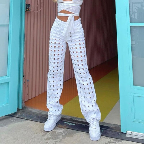 Fashion Hollow Out White Jeans High Waisted Straight Lattice