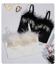 Load image into Gallery viewer, Fashion Luxury Feather Pearls Tassel Women Tops Black White Jazz Hip