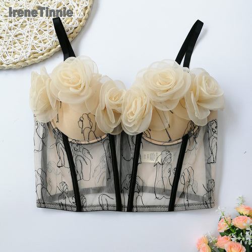 Fashion Tank Top Sweet Flowers Crop Top Mesh Embroidery Corset