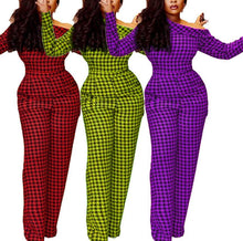 Load image into Gallery viewer, Fashion Women Plaid Pattern Pants Sexy One Shoulder Long Sleeves - Sophornlilly