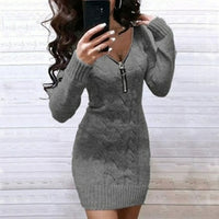 Fashion Zipper V Neck Women Knitted Sweater Dress Autumn Winter Solid