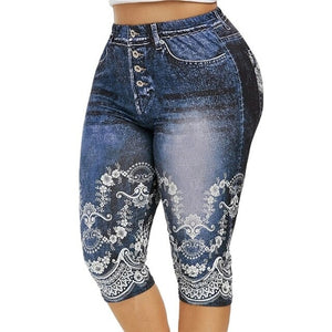 Faux Jeans Leggings Woman Stretch Printed Short Leggins 4\3 Capri