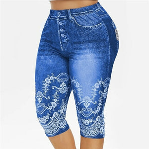 Faux Jeans Leggings Woman Stretch Printed Short Leggins 4\3 Capri