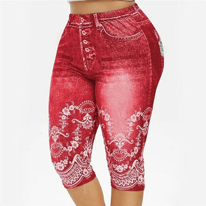 Faux Jeans Leggings Woman Stretch Printed Short Leggins 4\3 Capri