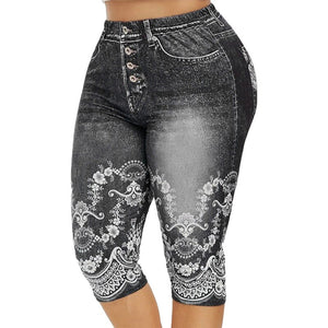 Faux Jeans Leggings Woman Stretch Printed Short Leggins 4\3 Capri