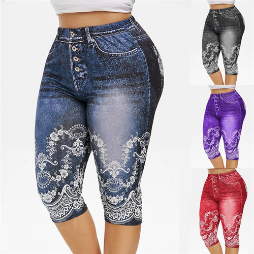 Faux Jeans Leggings Woman Stretch Printed Short Leggins 4\3 Capri