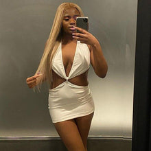 Load image into Gallery viewer, Faux Pu Leather Mini Dresses Sexy V Neck Backless Bodycon Dresses - Sophornlilly