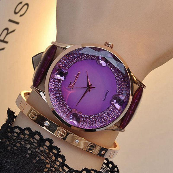 Female Quartz Watch Genuine Leather Waterproof Color Diamond Octagonal - Sophornlilly