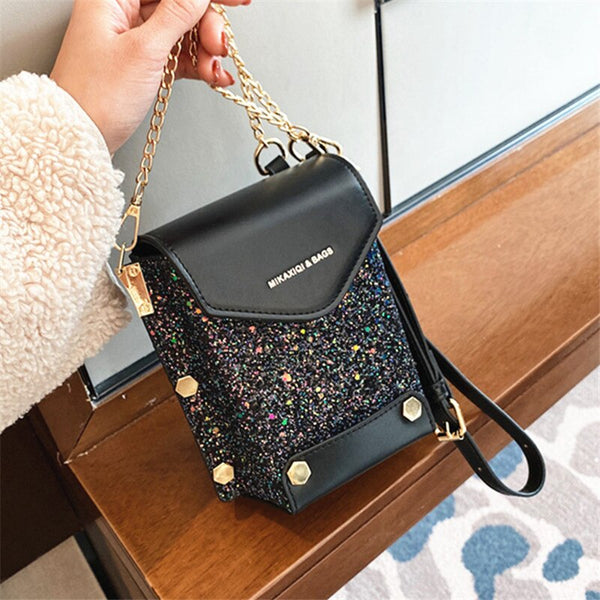 Female Sequins Small Square Bags Clamshell PU Leather Designer Chain