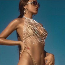 Load image into Gallery viewer, FestivalQueen Women Mesh Rhinestone Backless Crop Top Sexy Sleeveless