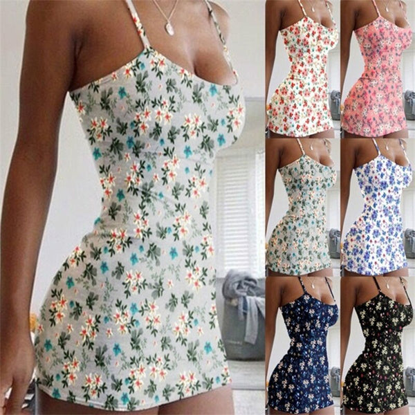 Flora Printed Women's Sexy Dress Slim Suspender Dress  Long Skirt