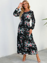 Load image into Gallery viewer, Floral Dress Women Long Sleeve Ruched Print A Line O Neck Maxi Sexy